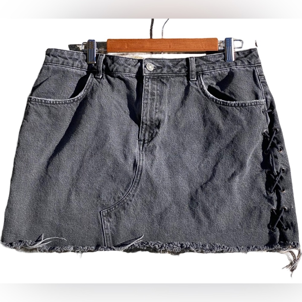 Lace Up Sides Black Denim Skirt Upcycled Vintage Denim Size 14